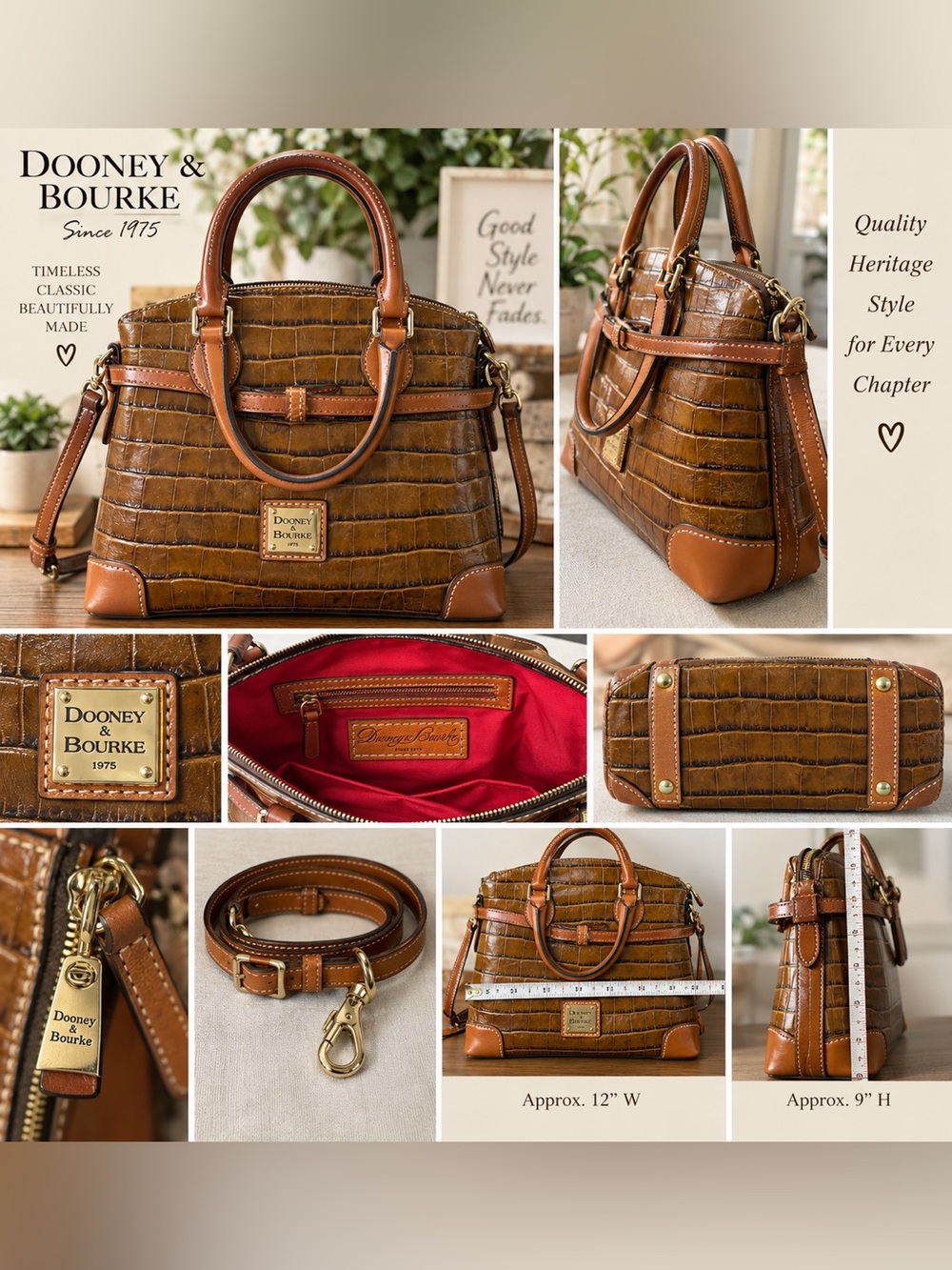 Dooney & Bourke Brown Croc Embossed Leather Satchel Shoulder Crossbody Bag